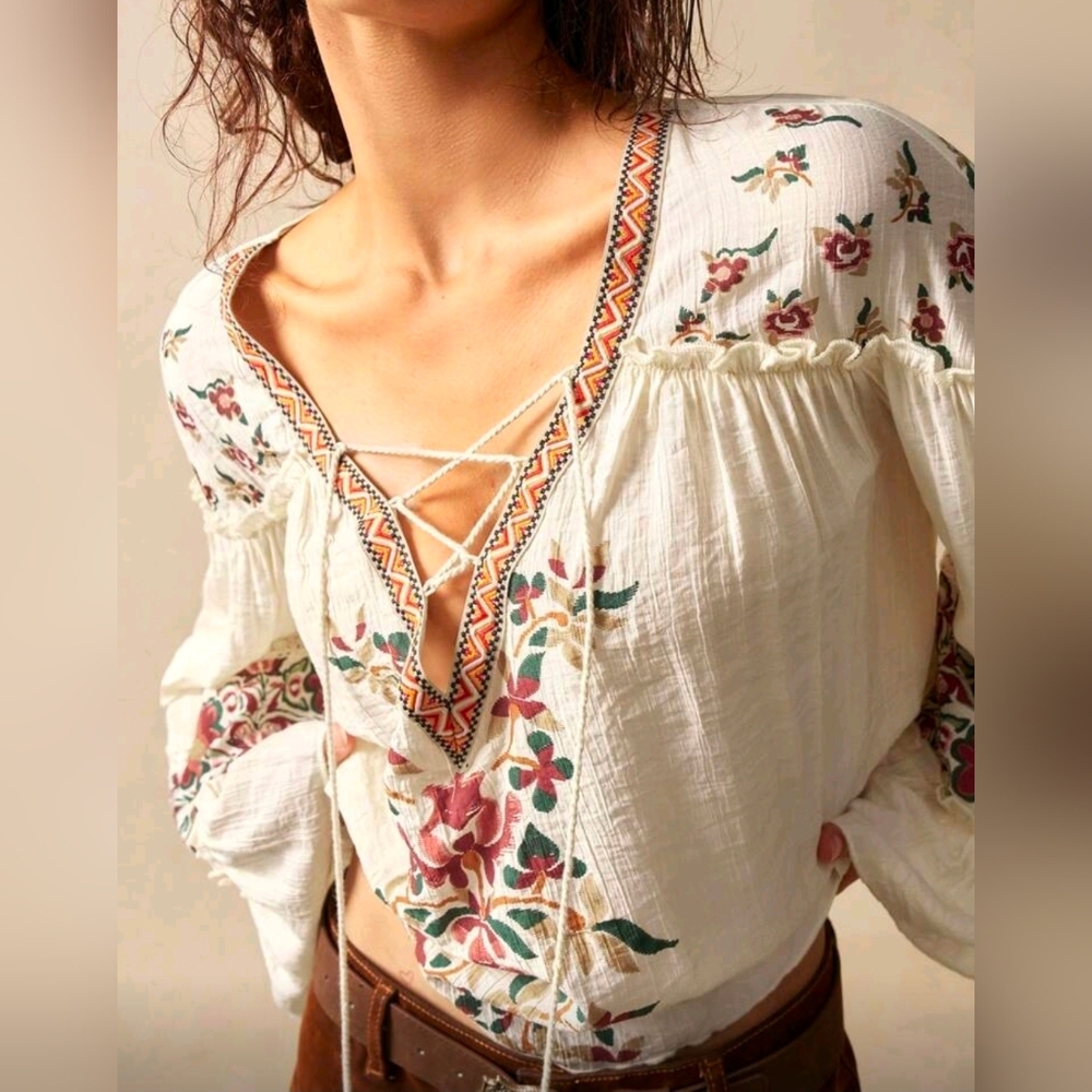 New Boho Floral Print Lace Up Top Flare Ruffle Long Sleeve Ivory Cream - Picture 4 of 8